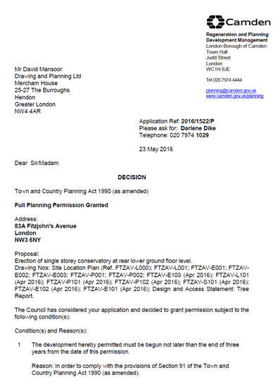 Planning permission granted at : 83a-Fitzjohns-Avenue-Grant-of-Planning-Permission-App2